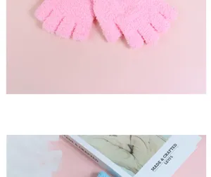Pink fuzzy fingerless gloves for women, warm winter knit half-finger mittens cozy.