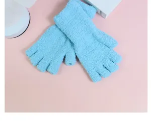 Women's fuzzy fleece fingerless gloves for winter warm knitted blue half-finger gloves