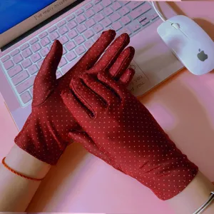 Women red polka dot sun protection gloves thin stretchy ice silk driving gloves stylish