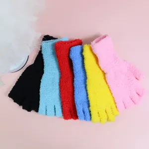 Women half finger gloves winter warm fuzzy knit cozy soft cute fingerless gloves set