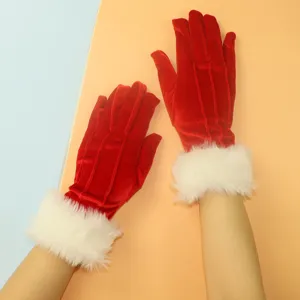 Gants rouges en velours avec poignets en fausse fourrure blanche pour fêtes et spectacle chaud.