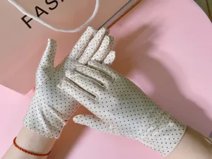 Women's beige polka dot sunscreen ice silk gloves for driving cycling daily elegance.
