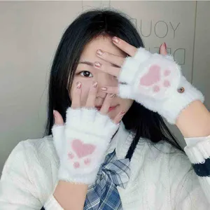 Women Winter Warm Mink Fur Gloves Cute Cat Claw Half Finger Flip Cover Gloves Student Daily Soft Knit Gloves