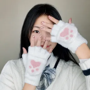 Winter warm plush half finger gloves for women students cute cat paw convertible design soft cozy
