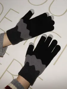 Black and grey knitted touch screen gloves for women, warm winter thermal five-finger.