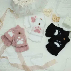 Fluffy cat paw convertible half-finger gloves for winter warmth, soft plush style main view