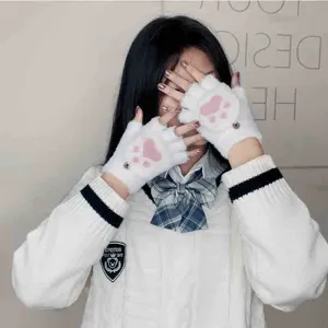 Winter warm half finger gloves for women plush cute cat paw design student cold proof mitten