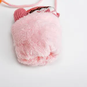 Kinder Winter warme Pluesch Faeustlinge rosa dicke Fleece Handschuhe mit Band Kleinkind
