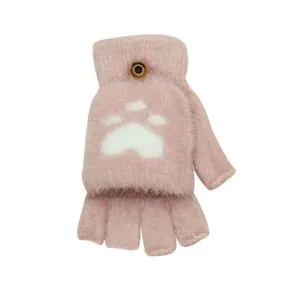 Winter Women Cute Cat Paw Print Knit Convertible Half Finger Gloves Warm Flip Top Mittens