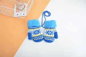Kinder Winter warme dicke Strickfäustlinge mit Plüschbündchen und Kordel, blau.