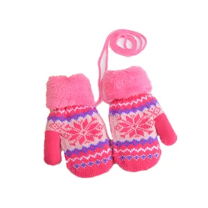 Kinder Winter warme Plüschbündchen Fäustlinge mit Kordel süße rosa Strickhandschuhe