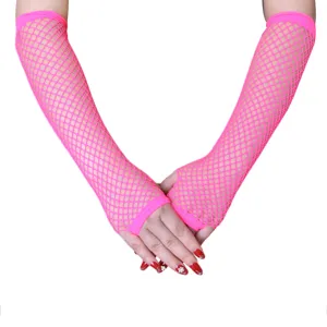 Neon pink fishnet fingerless gloves long arm warmers party costume accessories mesh
