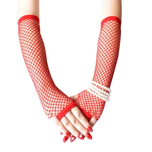 Red fishnet fingerless long gloves costume accessories for women party performance outfits