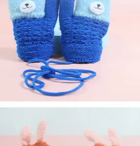 Cute winter children's knit mittens with cute bear design and neck string, thick warm baby gloves.