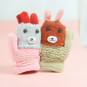 Cute winter knit gloves for kids, warm thick fleece mittens with neck strap and animal design.