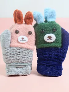 Cute cartoon knit gloves for kids, warm winter fleece-lined mittens with neck string.