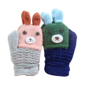 Cute cartoon knit gloves for kids winter warm thick cute rabbit ears hanging neck mittens