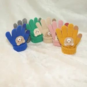Kids winter knit gloves with cute bear patch, warm five-finger gloves for boys and girls!