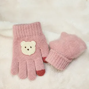Children's knitted gloves winter cute bear pattern fleece lined warm thick full finger mittens for girls toddler
