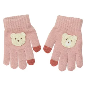 Kids winter warm knit gloves cute bear pattern pink thick five finger gloves for girls