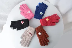Cute winter knitted touch screen gloves with flower details, warm five-finger gloves in colors.