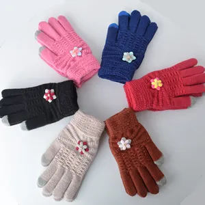 Women Winter Warm Touchscreen Knit Gloves Cute Floral Thickened Thermal Five Finger Gloves For Daily Cycling Commuting