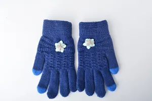 Women winter warm knitted touch screen gloves with cute flower decor, blue cozy mittens.