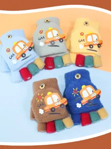 Kinder Winter warme halbe Finger Klappe konvertierbare Handschuhe süßes Auto Strick