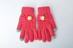 Women winter warm knitted touchscreen gloves with cute flower decor, soft and cozy style.