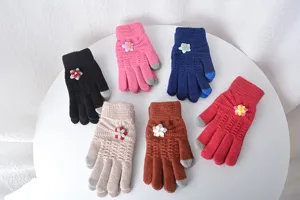 Colorful winter touchscreen gloves detail, cute knitted warm fleece design for women and students.