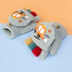 Kinder Winter warme halbe Finger Flip Handschuhe mit niedlichem Auto Design weiche Strumpfware
