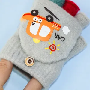 Kinder Winter warme Strick Halbfinger Flip Handschuhe süßes Auto Design für Jungen Alltag