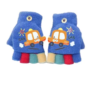 Kinder Winter warme halbfinger Klapphandschuhe süßes Auto Strick Handschuhe Jungen