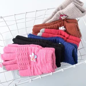 Women winter warm touch screen knit gloves with cute flower decor and soft cozy fit.
