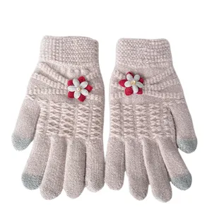 Cute winter touch screen knitted gloves for women, warm fleece-lined five-finger gloves.