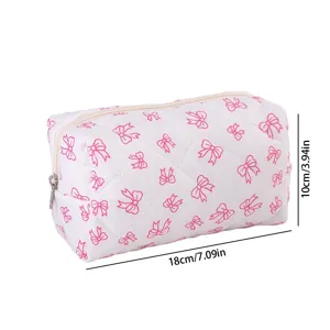 Pink bow makeup bag portable quilted cosmetic pouch travel cute storage bag 18x10cm