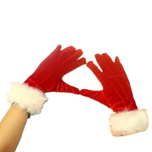 Gants de velours rouge de Noël avec poignets en fausse fourrure blanche courts gants chauds d'hiver.