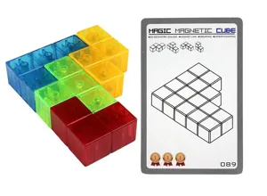Mini cubo magnético set de puzzle soma con bloques transparentes de colores y tarjeta de desafío.