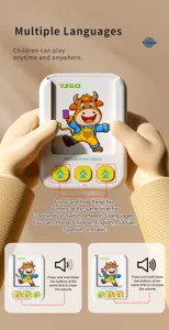 Smart card reader detail showing multi-language switching features, interactive learning toy for kids.