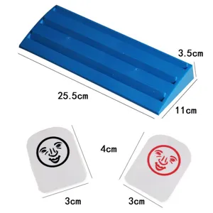 Rummikub tile rack and token set detail view showing precise dimensions for tabletop game setup.
