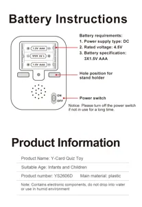Detaildiagram met batterij-installatie-instructies en technische specificaties voor het speelgoed.
