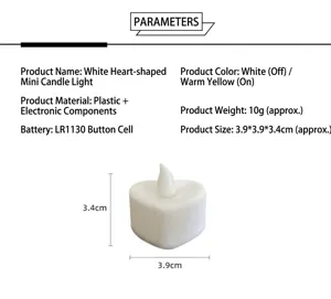White heart-shaped LED mini candle light detail view, compact electronic candle decor specs.