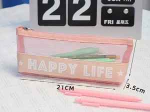 Transparent mesh pencil case for students, large capacity pink stationery storage bag.