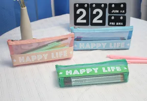 Transparent mesh pencil case detail view showing large capacity and multi-color options.