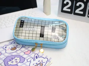 Korean style transparent pencil pouch with cute grid design, ideal for students and daily use.