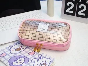 Detailed view of the cute pink transparent grid pencil pouch, perfect student stationery.