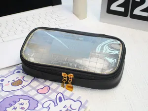 Minimalist transparent pencil case with black trim and grid window, cute student stationery organizer.