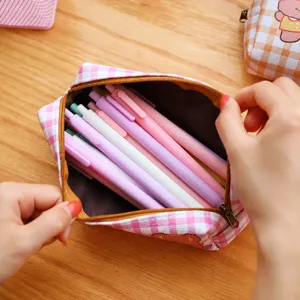 Estuche rosa de cuadros bonito de gran capacidad, bolsa de papelería impermeable para estudiantes.