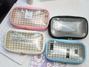 Transparent grid pencil case cute student stationery pouch aesthetic multi-color cosmetic bag
