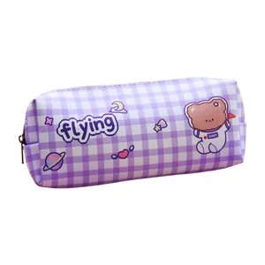 Lindo estuche de lápices a cuadros morados con oso, gran capacidad bolsa de papelería impermeable